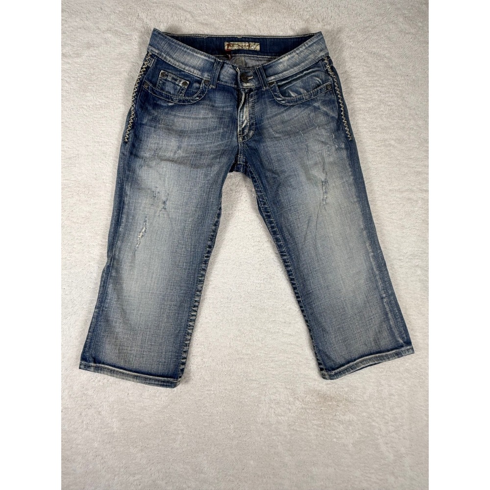 BKE Culture Capri Jeans Womens 29‎ Blue Good Distressed Whipstitch Denim BKL2135